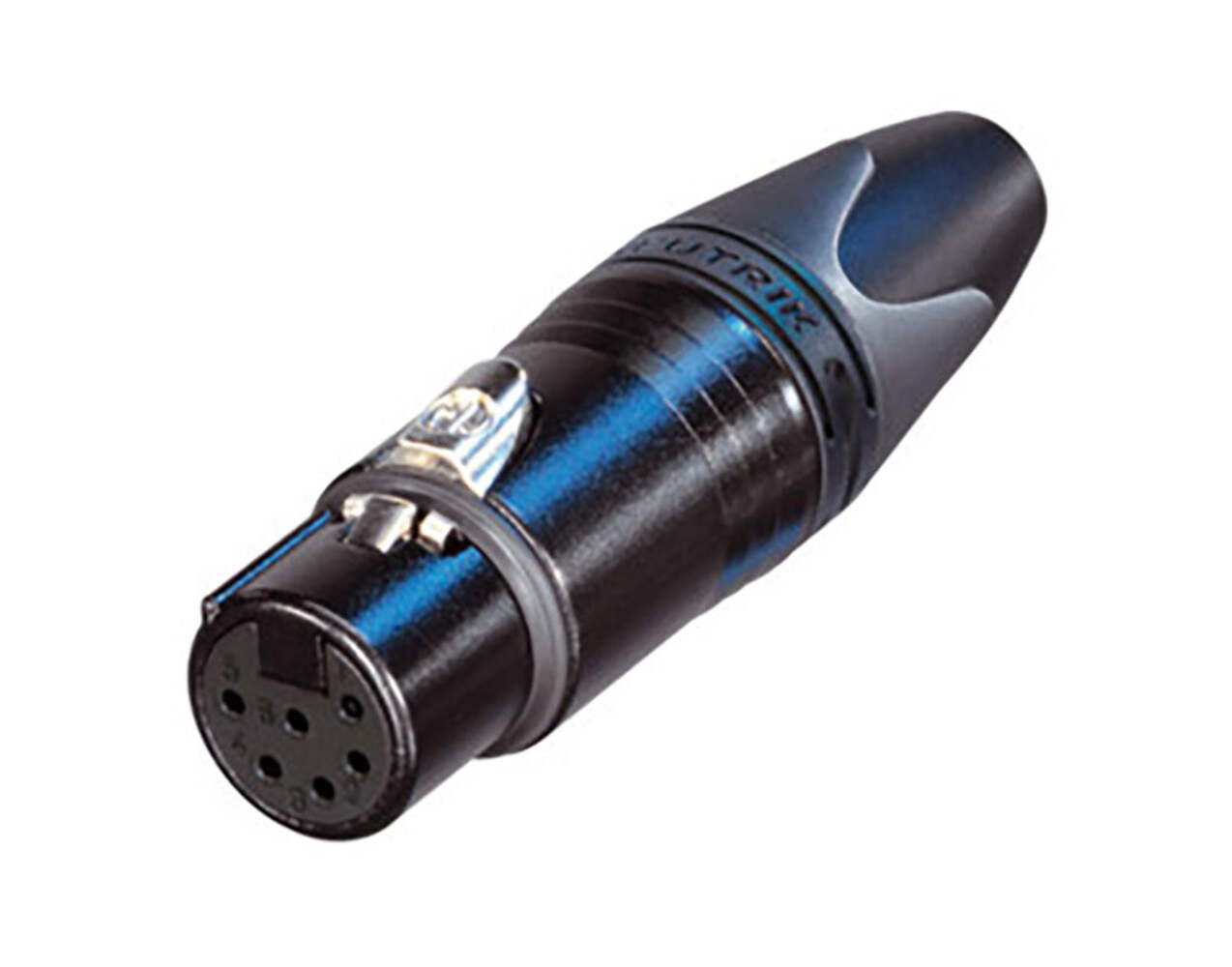 (One) Neutrik NC6FXX-B 6 pole female cable connector with black metal housing an