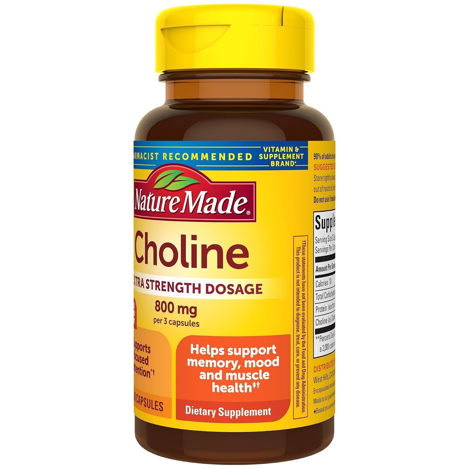 Nature Made Extra Strength Dosage Choline Supplements 800 Mg Per 3 Capsules, Bra