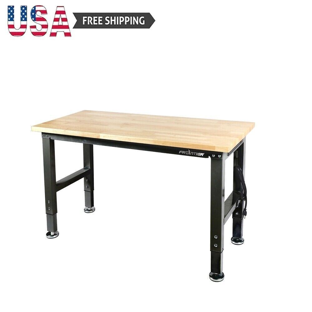 Heavy Duty Workbench Adjustable Height Wood Worktop Steel Frame Capacity 1300 Lb