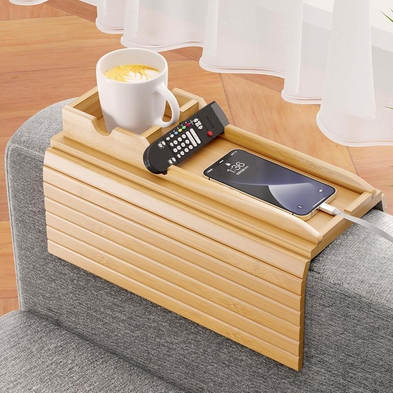 Bamboo Sofa Armrest Tray 2 in 1 Detachable Cup Holder Non-Slip Couch Organizer