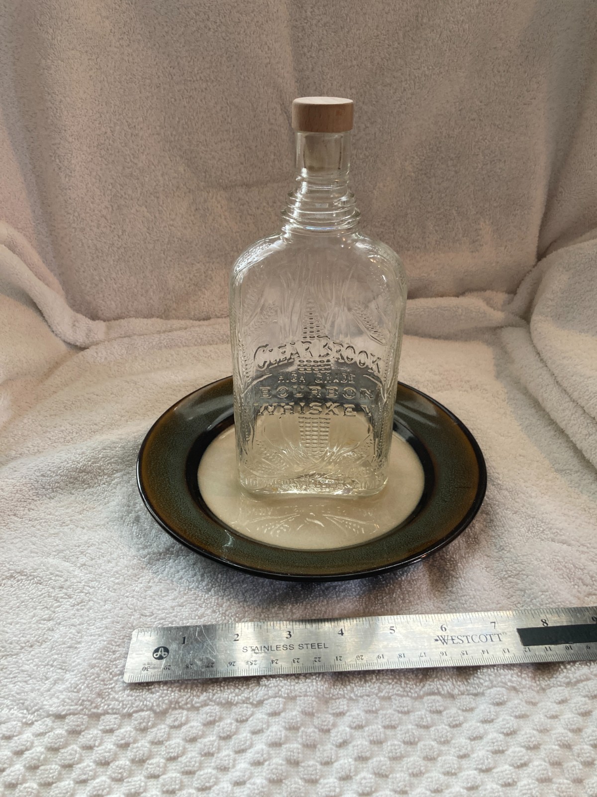 VINTAGE EMBOSSED CLEAR BROOK BOURBON WHISKEY GLASS BOTTLE WITH CORK