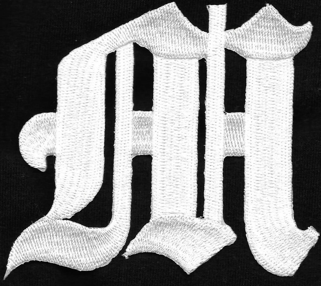 3" Fancy White Old English Alphabet Letter M Embroidered Patch