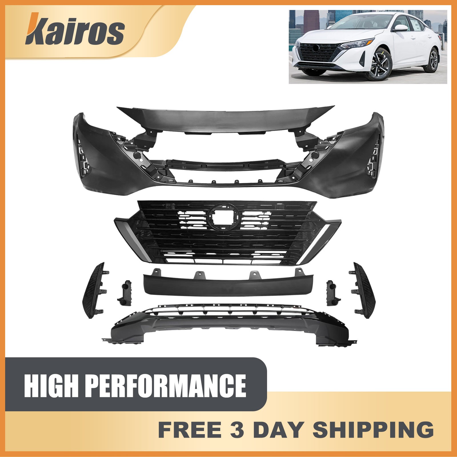New Complete Front Bumper Cover Grille Kit Fits 2024-2025 Nissan Sentra S SV