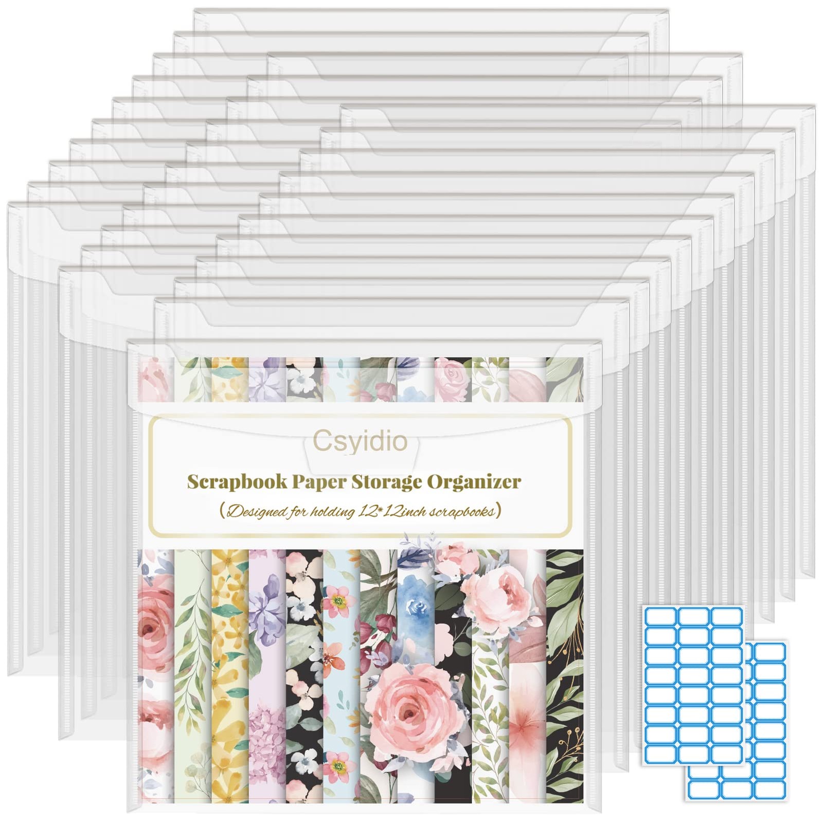 10 PCS 12 x 12 Inch Scrapbook Paper Storage Organizer with Label Stickers, Cl...