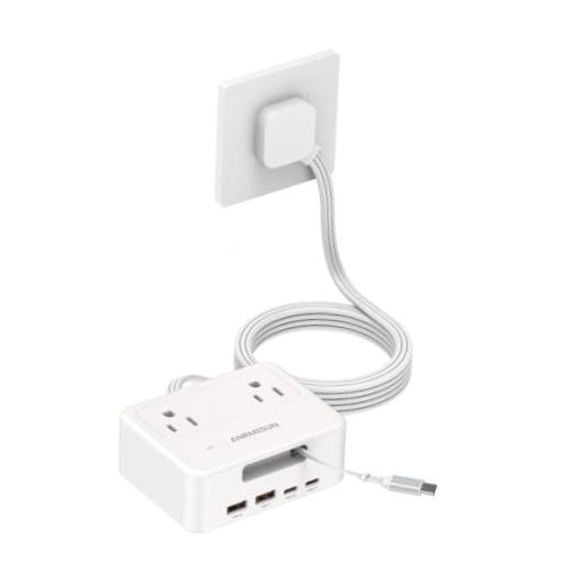 Surge Protector Power Strip with Retractable USB C with Retractable Cable white