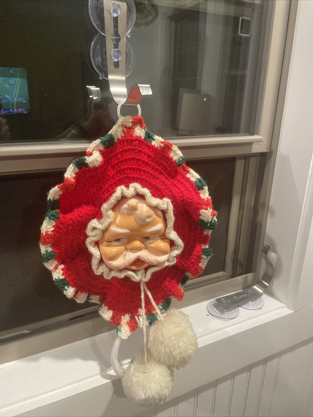 Vintage crocheted Santa face towel holder