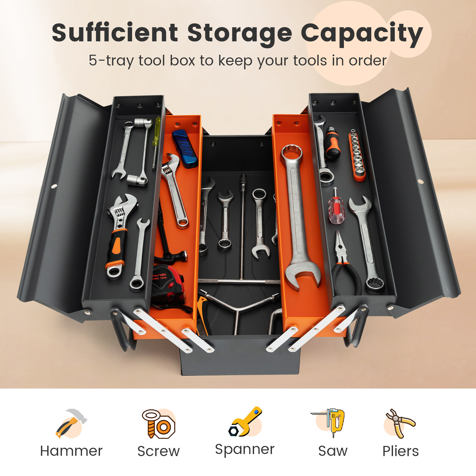 22-Inch Metal Tool Box Portable 5-Tray Cantilever Steel Tool Chest Cabinet
