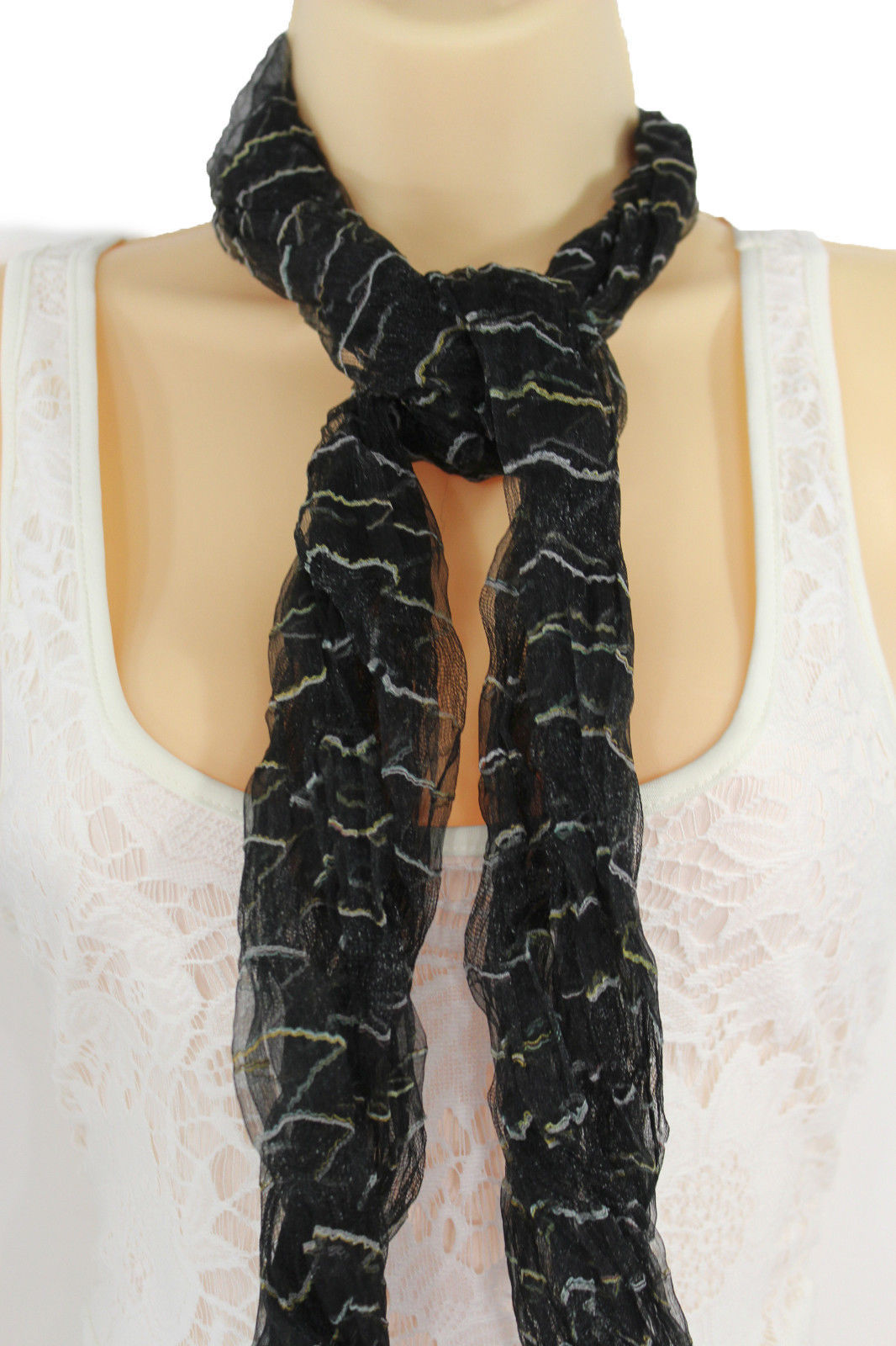 New Women Fashion Neck Scarf Sheer Fabric Light Long Striprs Black White Wrap