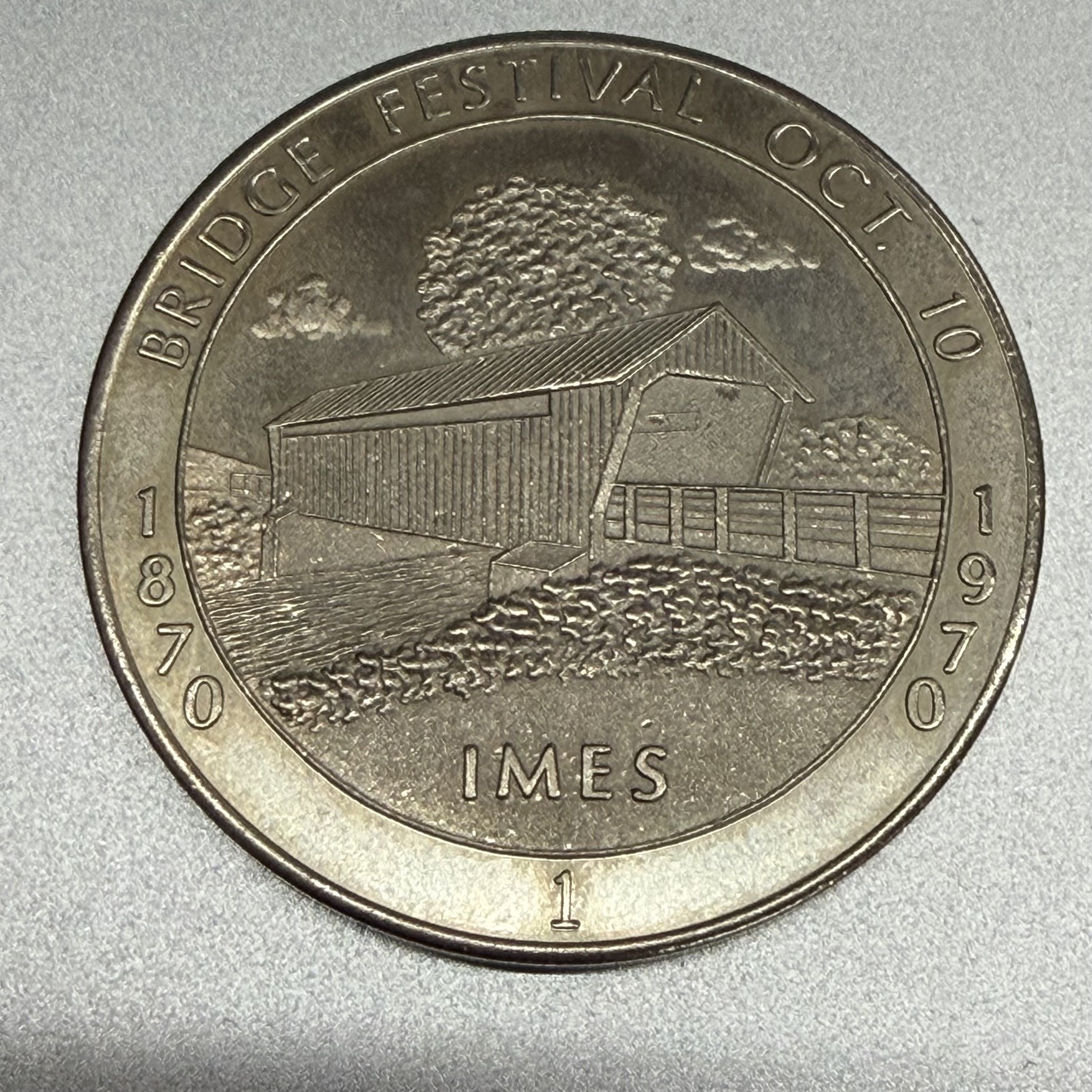 Iowa, Imes Covered Bridge Festival White Metal 1970 Medal 726336
