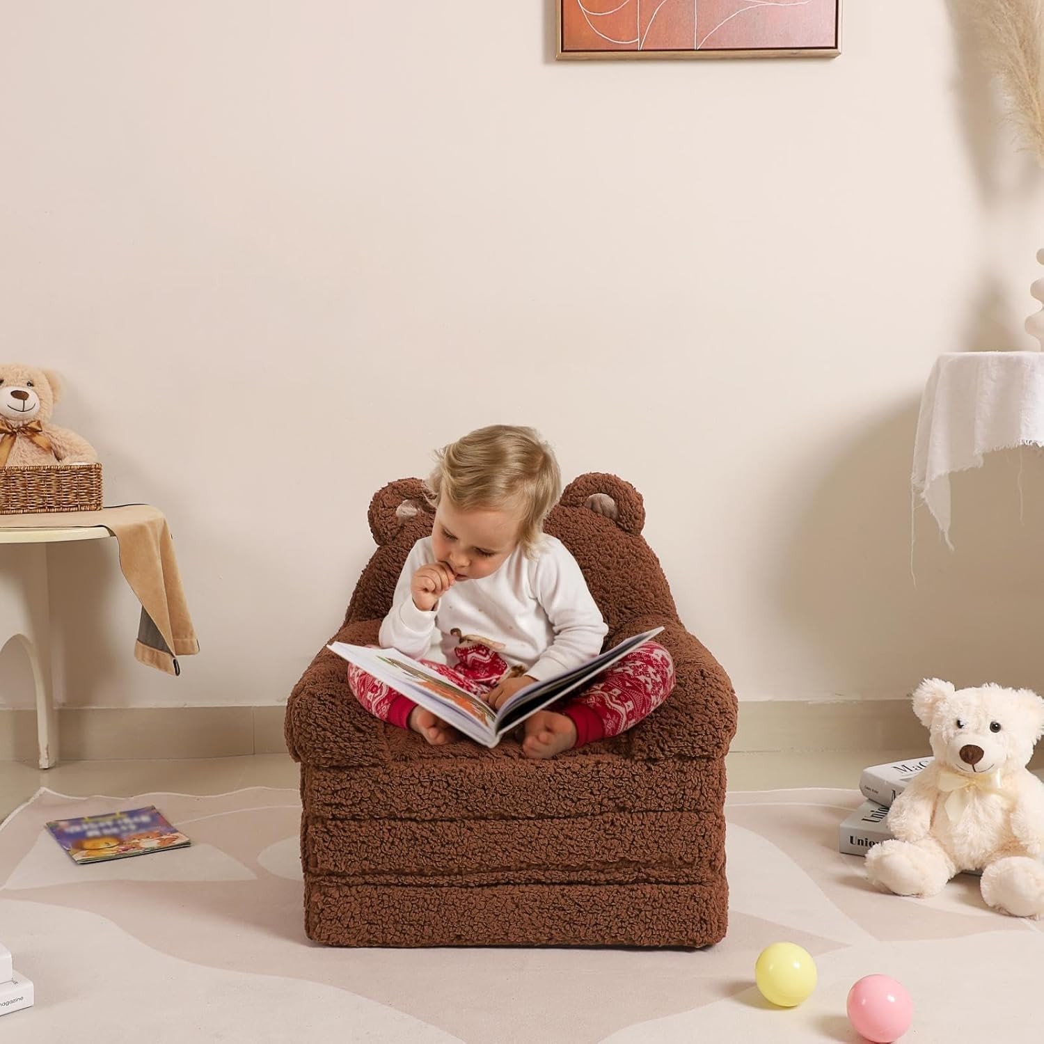 Kids Sherpa Sofa w/ Tri-Layer Foam Cushions, Comfy Toddler Seating, Brown