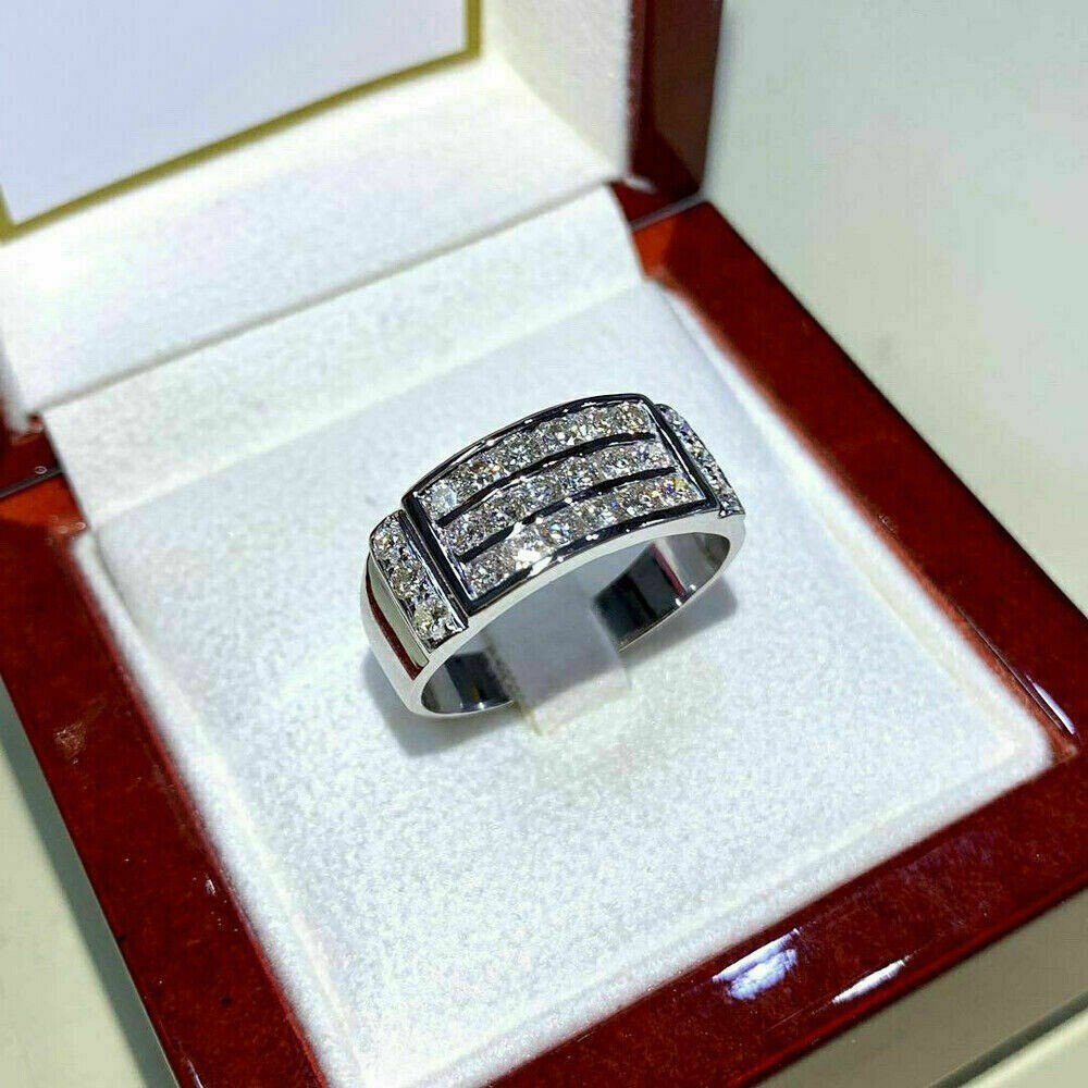 3 CT Round Simulated Diamond Men's Band Engagement Ring 14k White Gold Plated