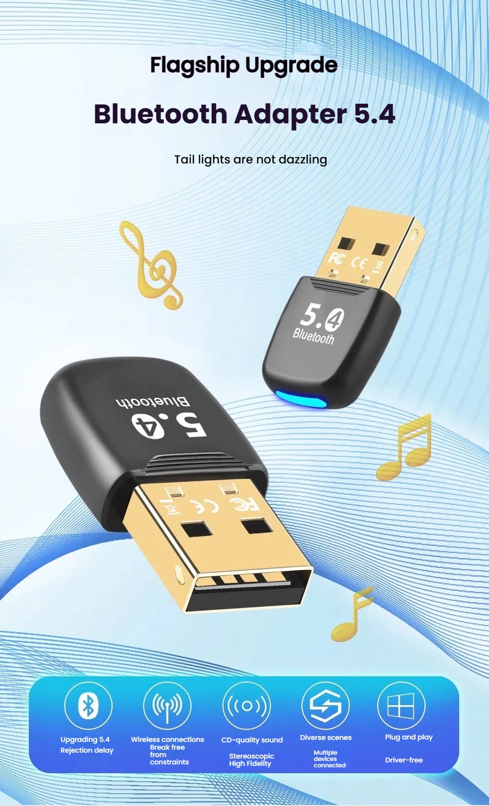 Compact Bluetooth 5.4 USB Adapter - Wireless for PC Speaker Mouse Keyboard