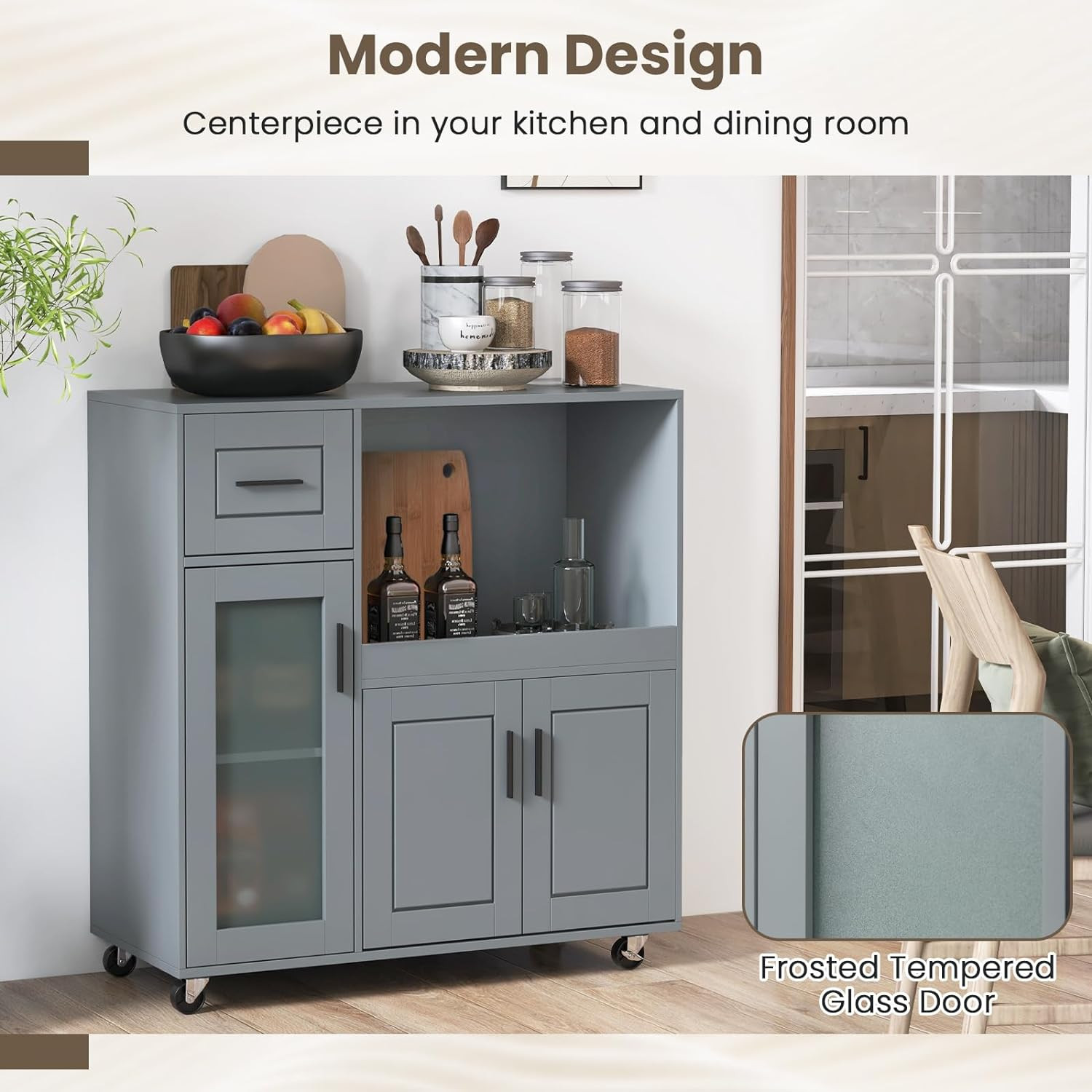 Rolling Kitchen Island Cart with Storage & Adjustable Shelf, Grey