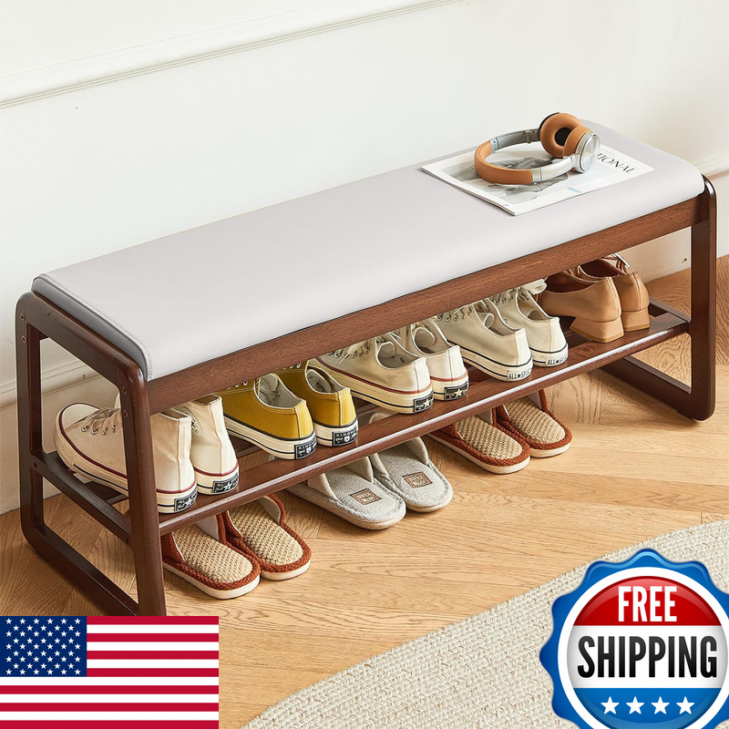 Fetuero Solid Wood Shoe Bench 2-Tier Wooden Storage Entryway Bench Small