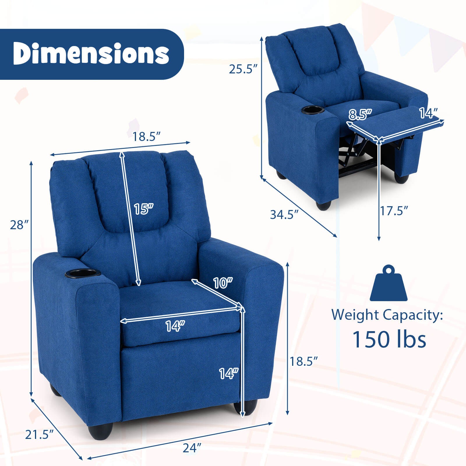 Kids Recliner w/ Cup ackrest & Footrest for Boys & GirlsHolder w/Adjustable B