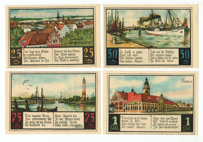 SET OF 4 GERMANY NOTGELD 25.50.75 PFENNIG 1 MARK SWINEMUNDE 1920 UNC