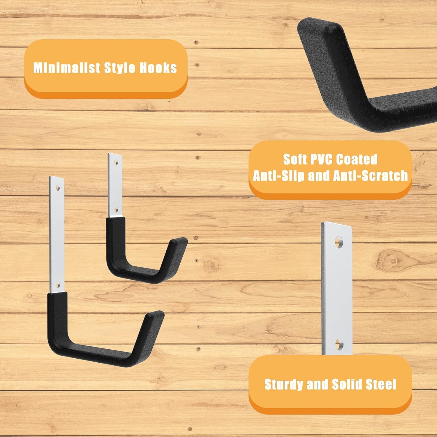 Heavy Duty Utility Hooks - Wall Mount 2 Small & 2Medium, Silver and Black