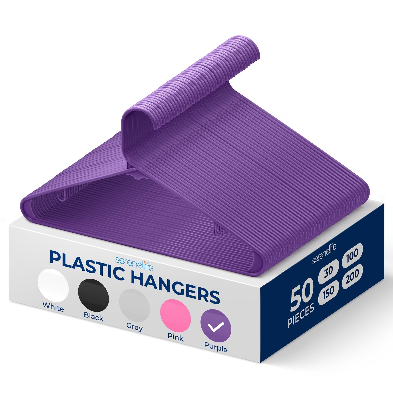 SereneLife 50 Pack Plastic Hangers (Purple)