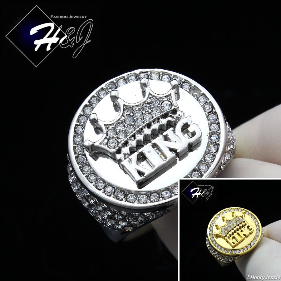 MEN Stainless Steel Icy Bling CZ Silver/Gold Plated Round Crown King Ring*R134