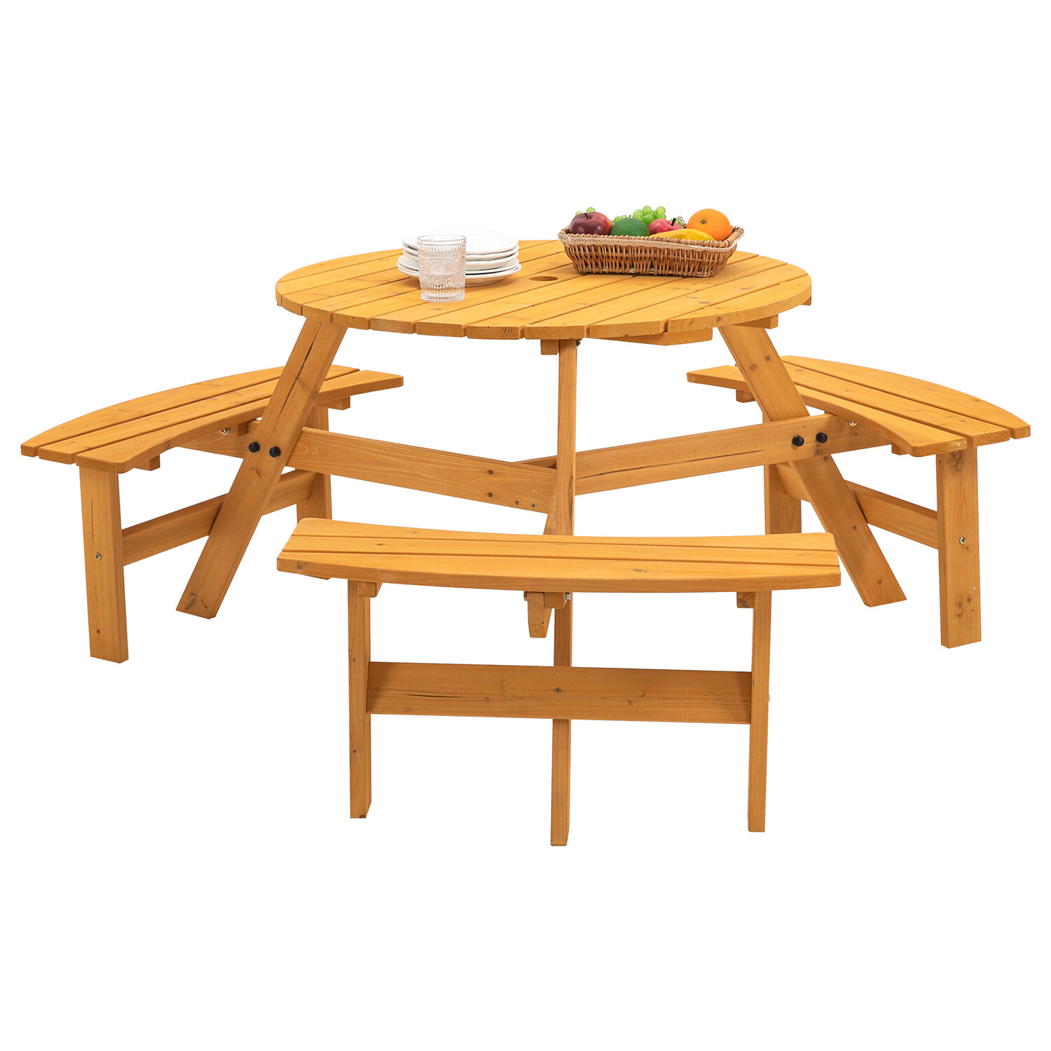 6-Person Outdoor Circular Picnic Table with 3 Built-in Benches and Umbrella Hole