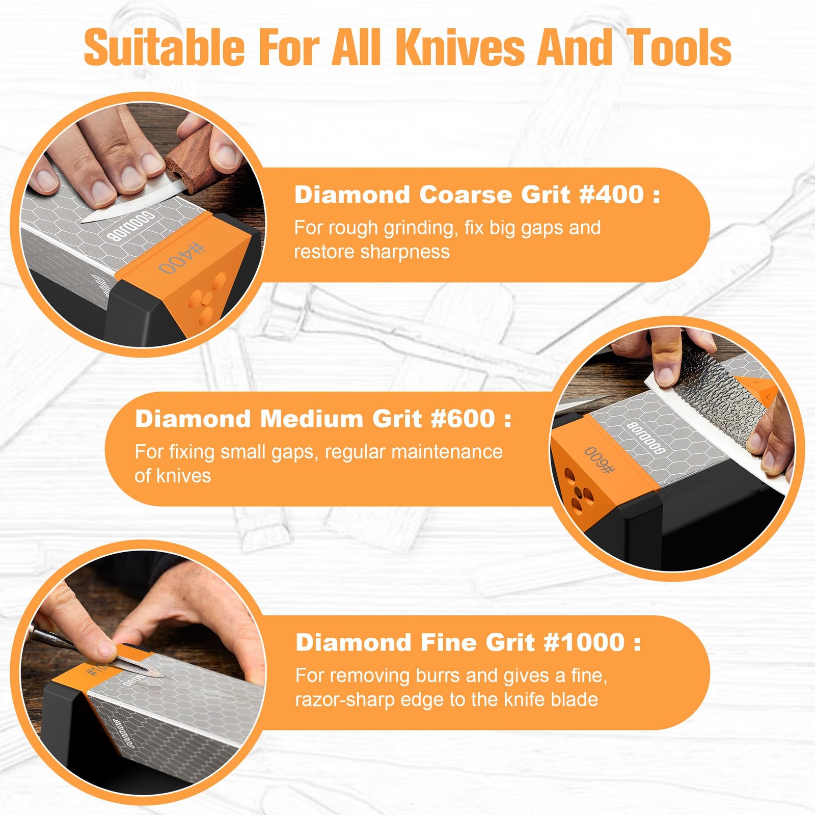 Extra Large Diamond Sharpening Stone Set 3 Side Grit Large, Orange