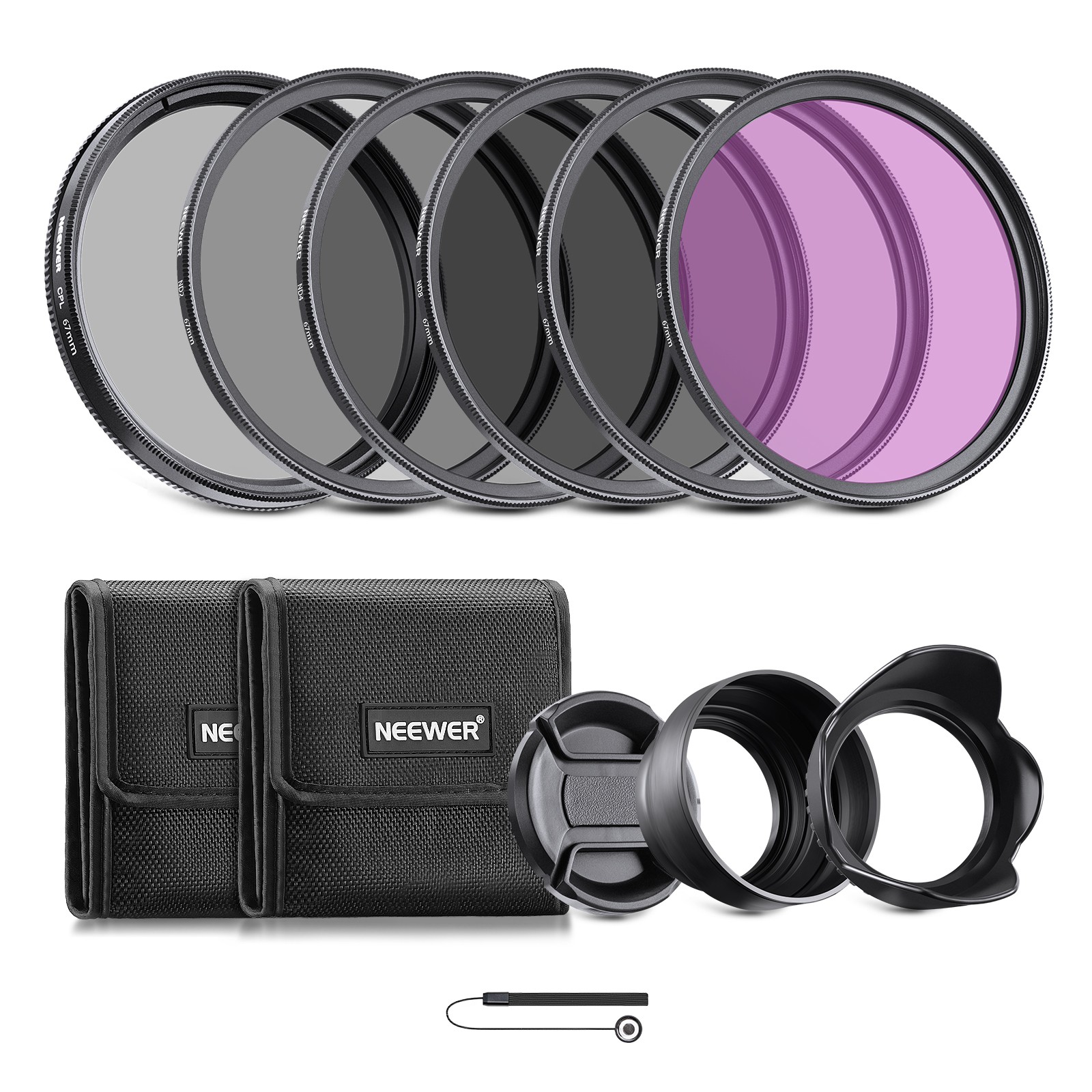 NEEWER 67mm Filter Kit ND2-ND8 UV CPL FLD with Lens Hood Cap & Cleaning Cloth