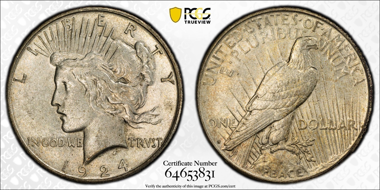 1924-S Peace Silver Dollar $1 PCGS ALMOST UNCIRCULATED AU 53 Type 2, Low Relief