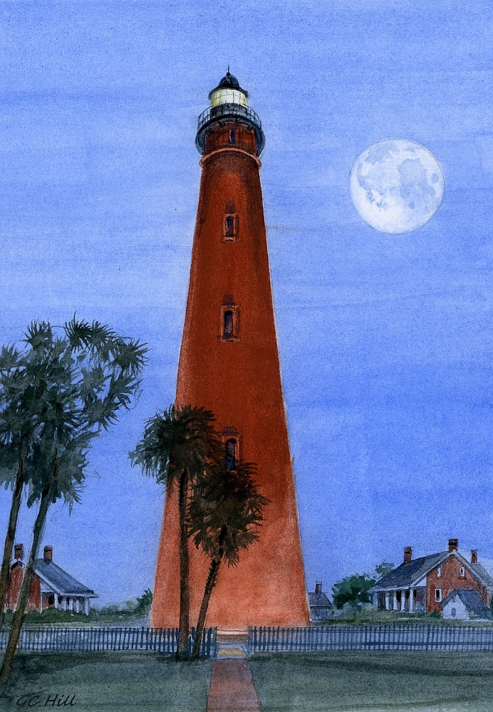 Ponce Inlet Lighthouse, Florida. Full Moon. Watercolor Notecards
