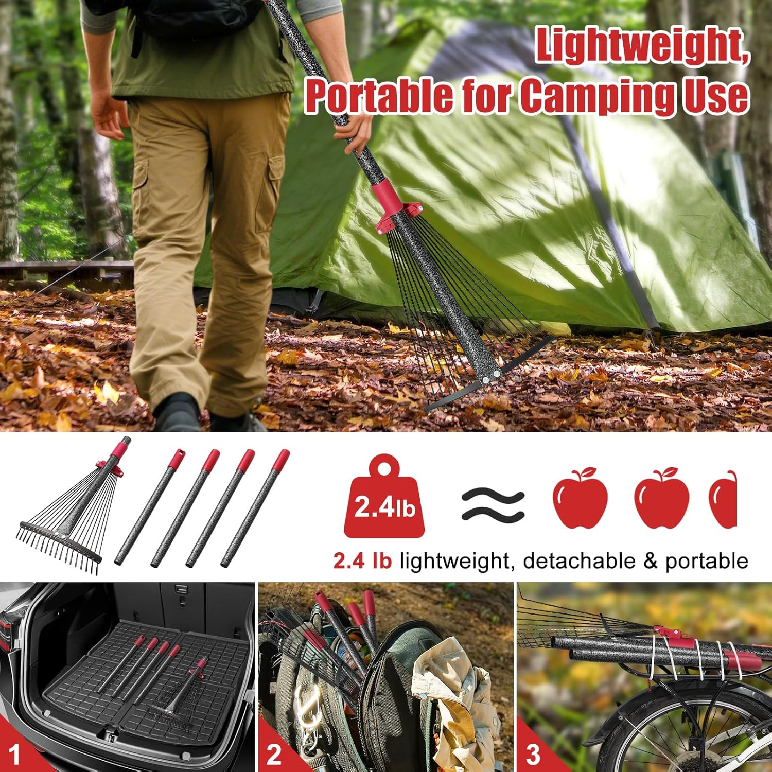 Collapsible Rake for Leaves - 70" Adjustable Long Handle Yard Rake, Expandable M