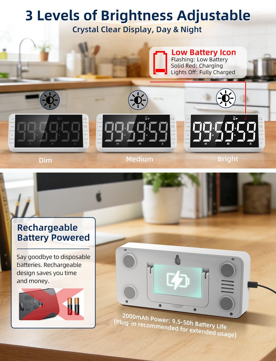 7.8" Digital Kitchen Timer with Large LED Display, Magnetic Rechargeable Coun...