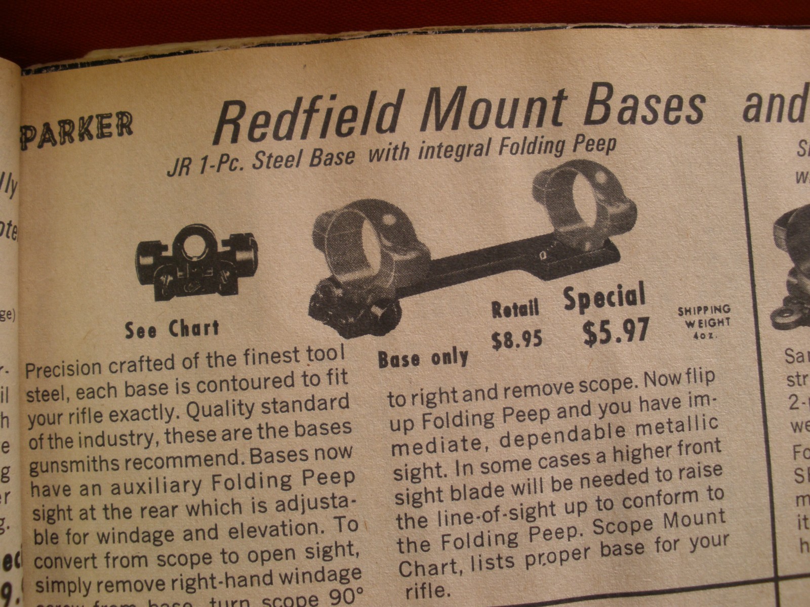 unique rare Peep Sight equipped REDFIELD Junior C scope base for G.I. 30 Cal
