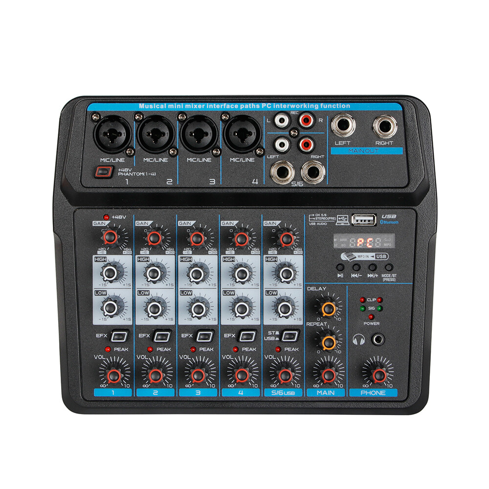 6Channel Live Audio Mixer Bluetooth USB DJ Sound Mixing Console Amplifier Studio