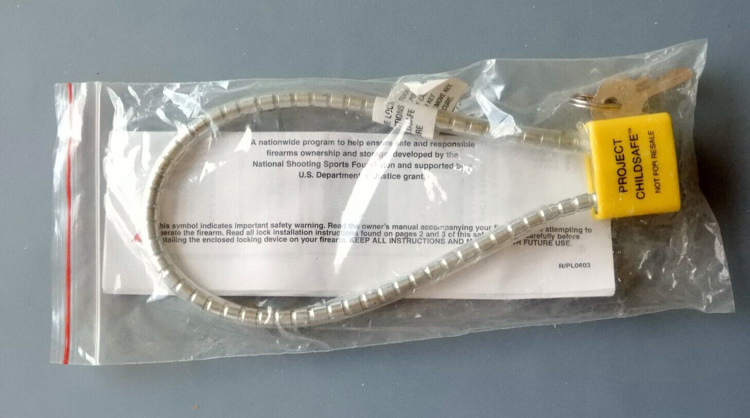 New-In-Package Project ChildSafe Cable Lock for Firearms, 2 Keys, Instructions