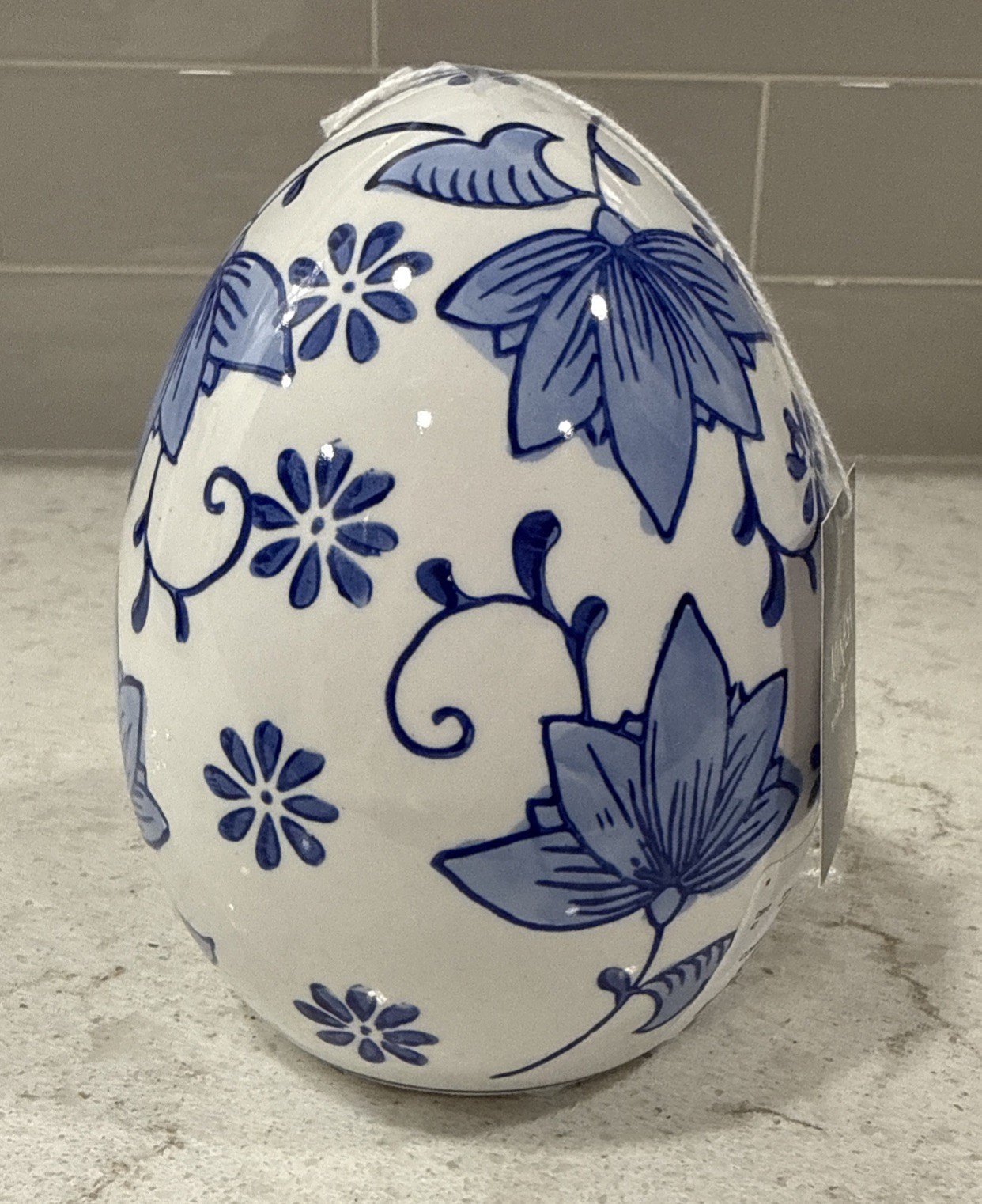 MIKASA Home Accents 6 x 4.5” Blue & White Chinoiserie Ceramic Egg Easter Decor