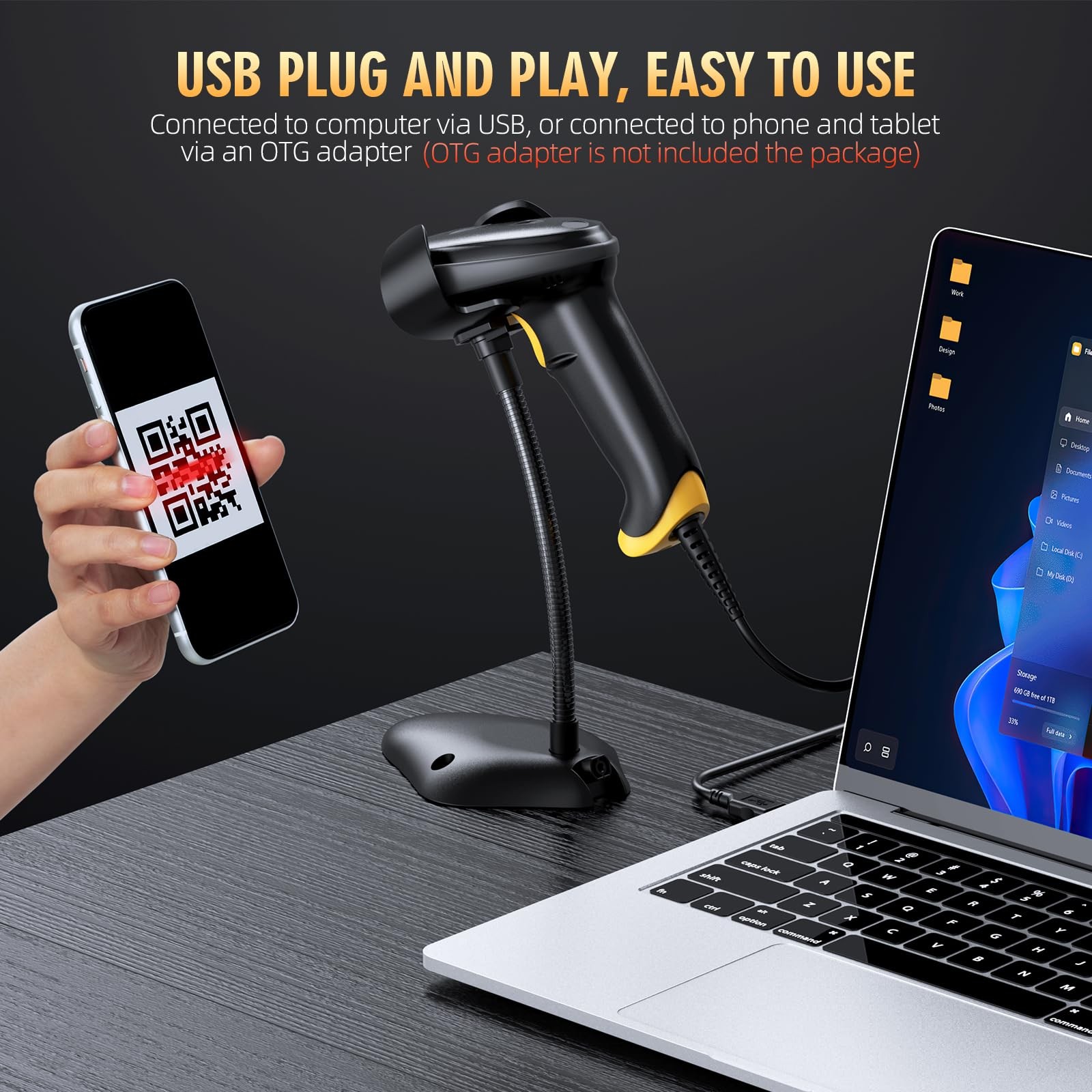 TEEMI 2D Barcode Scanner USB Wired Virtual COM Handheld Automatic QR BLACK