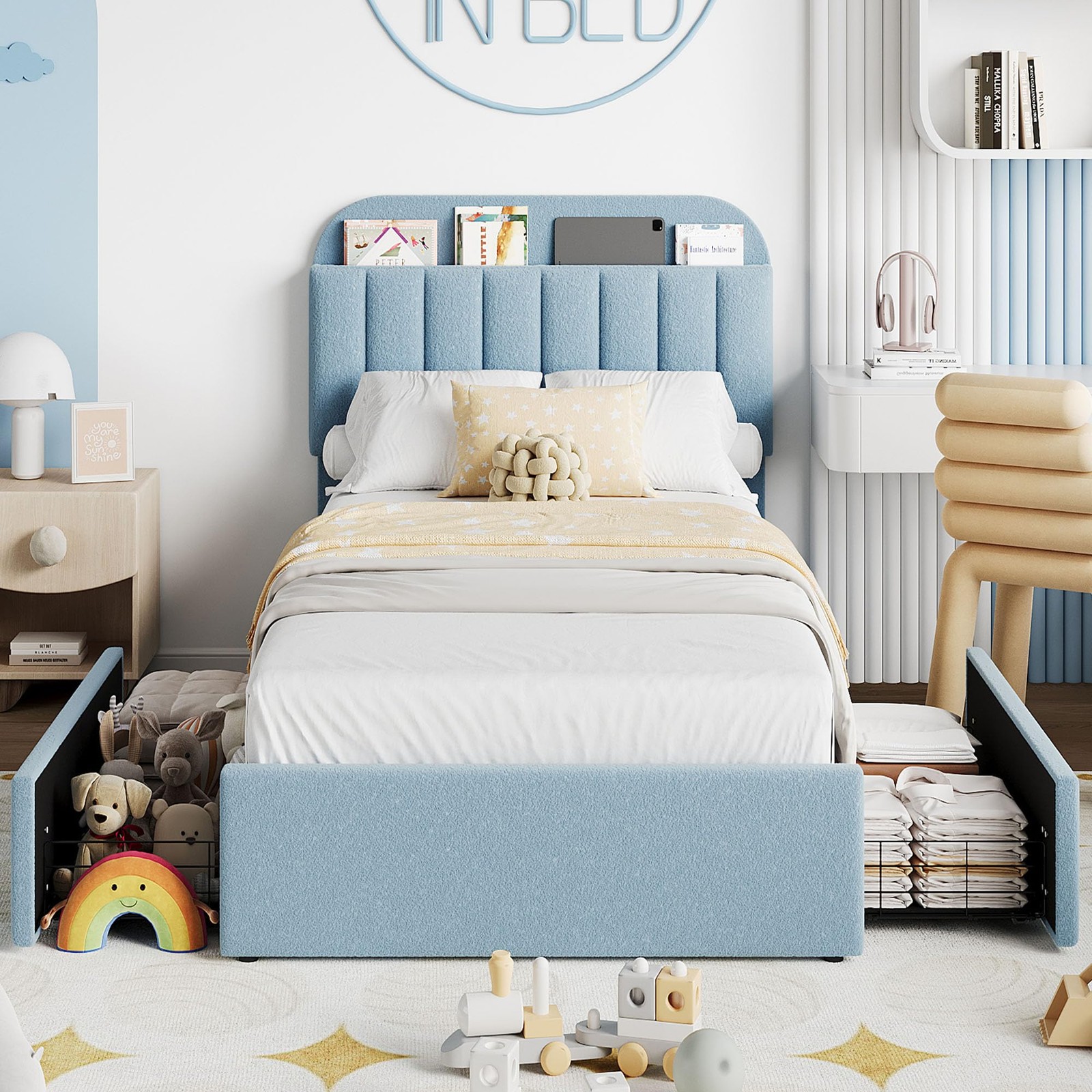 Twin Bed Frame Headboard Kids Boucle Upholstered Platform Bed Frame w/ 2 Drawers