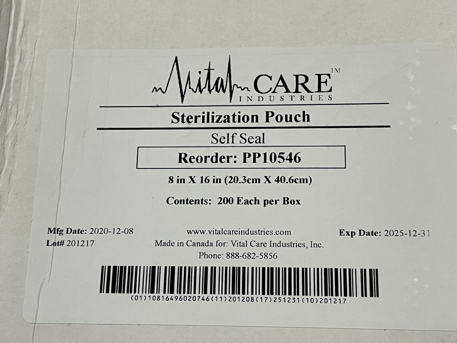 (200/cs) VitalCare Self-Seal Sterilization Pouches PP10546 8x16" medical exp2025