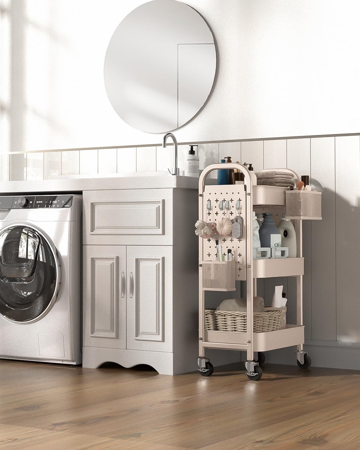 Multi-Purpose Rolling Cart with 3 Shelves, Pegboards, & Lockable Wheels in Khaki