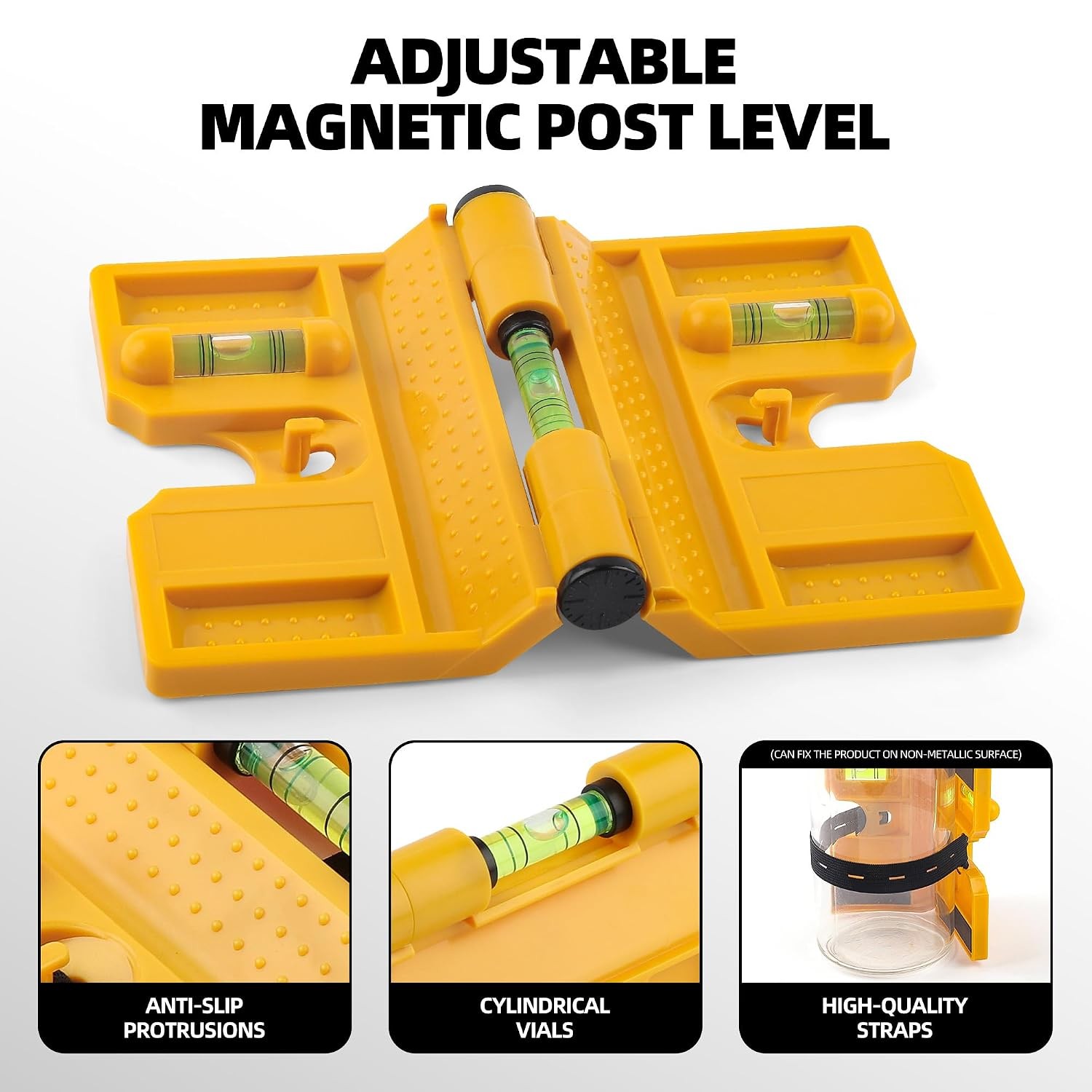 Magnetic Post Level 270° Adjustable Folding Post Level Tool with 3 Vials Elastic