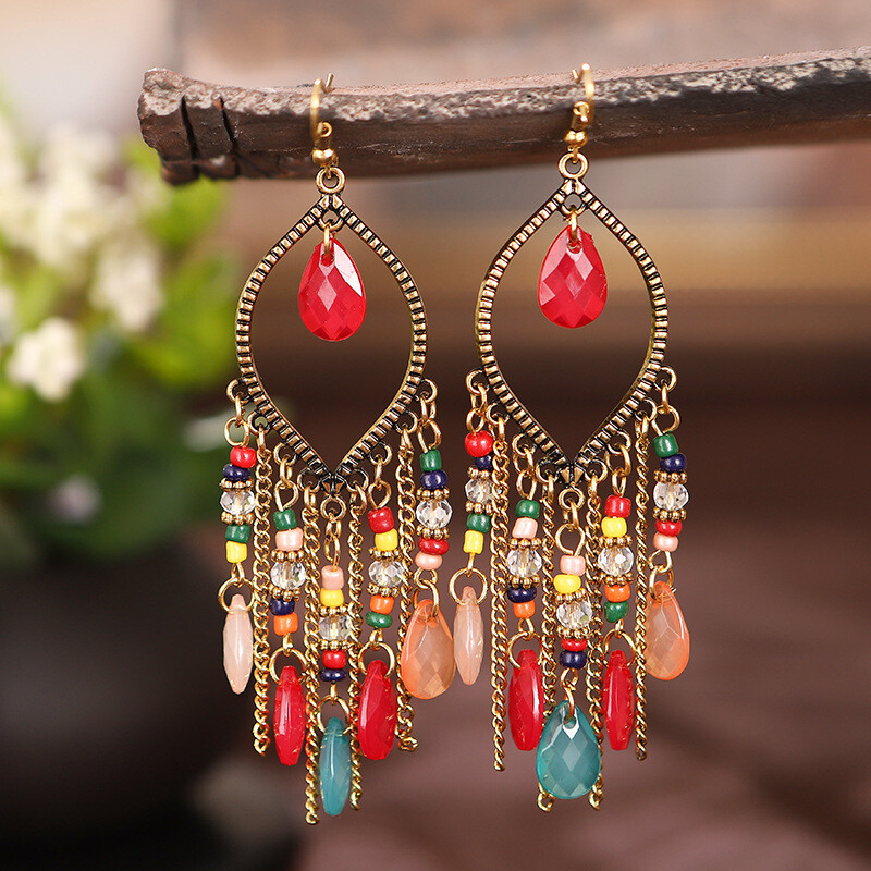 Bohemian Ethnic Tibetan Crystal Rhinestones Dangle Tassels Hook Earrings DIY