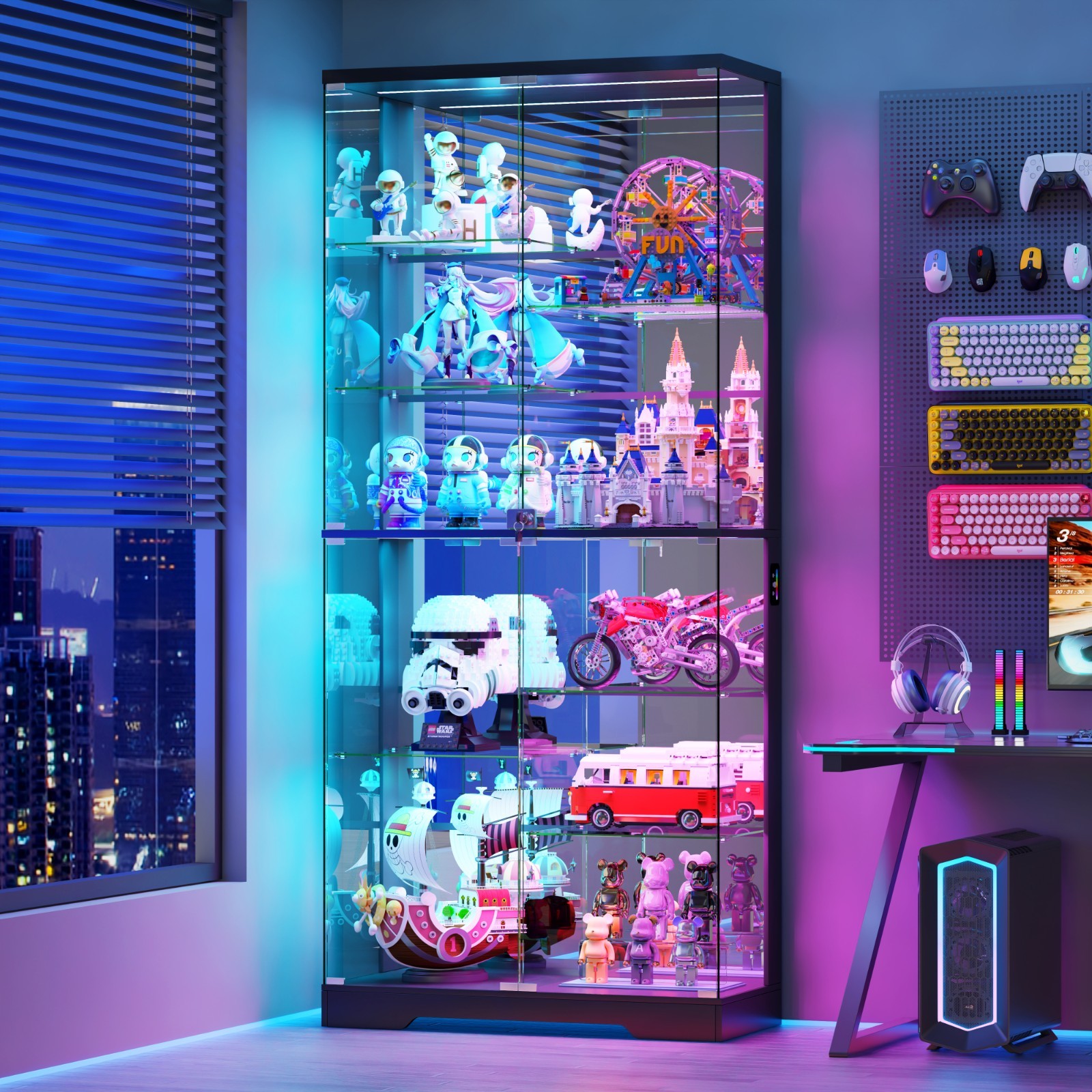 Glass Display Cabinet with RGB Lights, Lockable Display Case for Action Figures