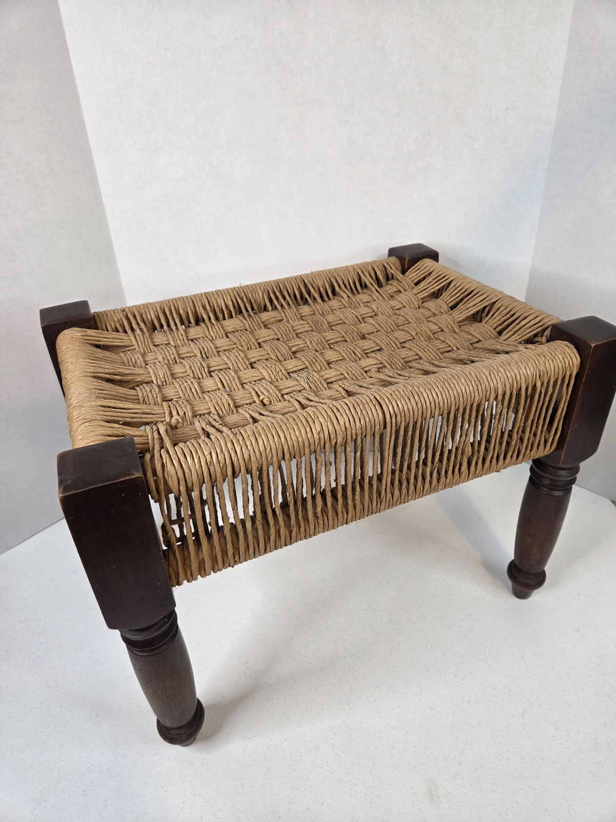 MCM Woven Foot Stool Or Seat Vintage Wood Legs  17 W X 12.5 T X 12 D Very Strudy