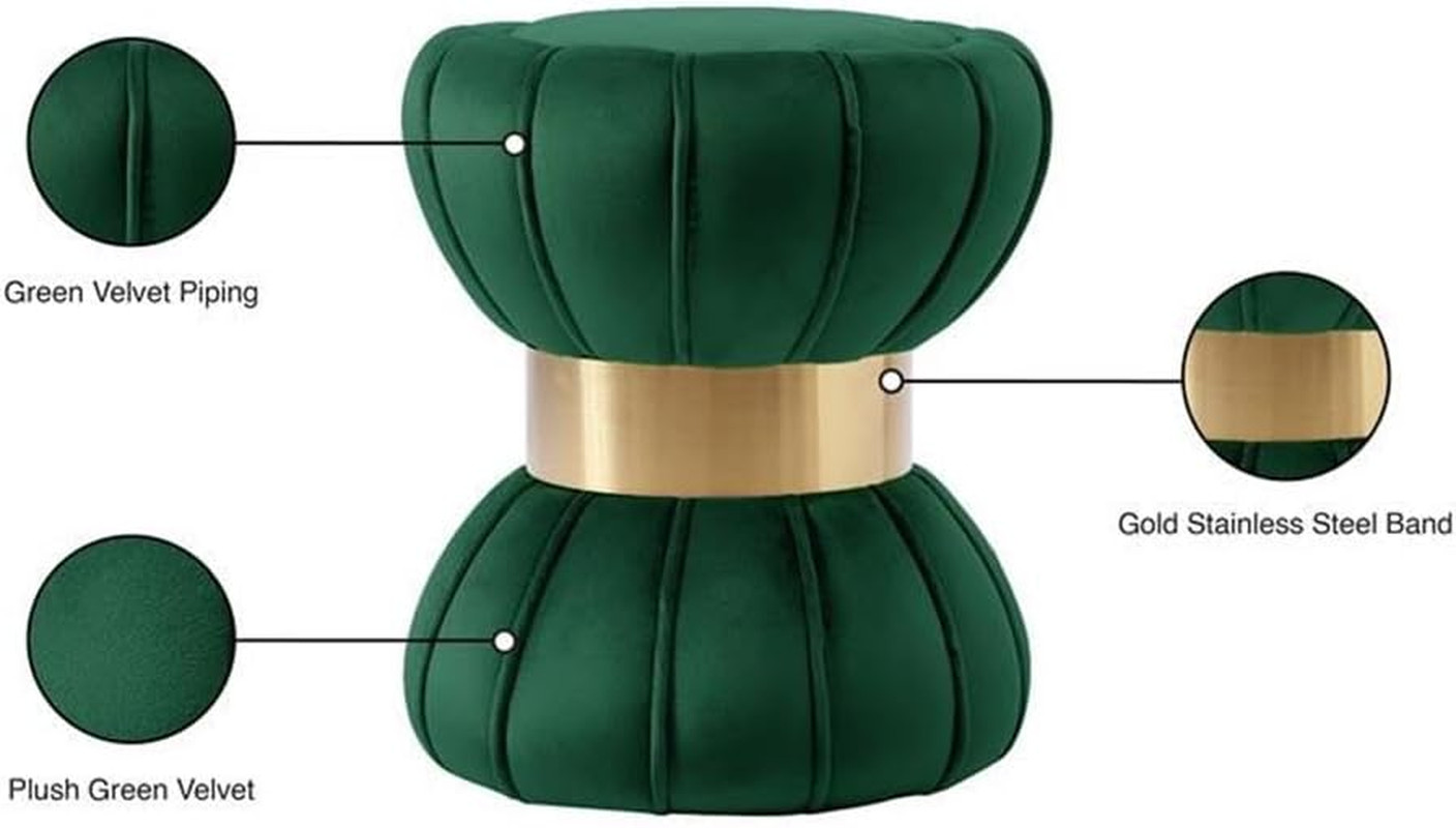 Modern Velvet Hourglass Ottoman with Gold Band - Green 15.5" x 17