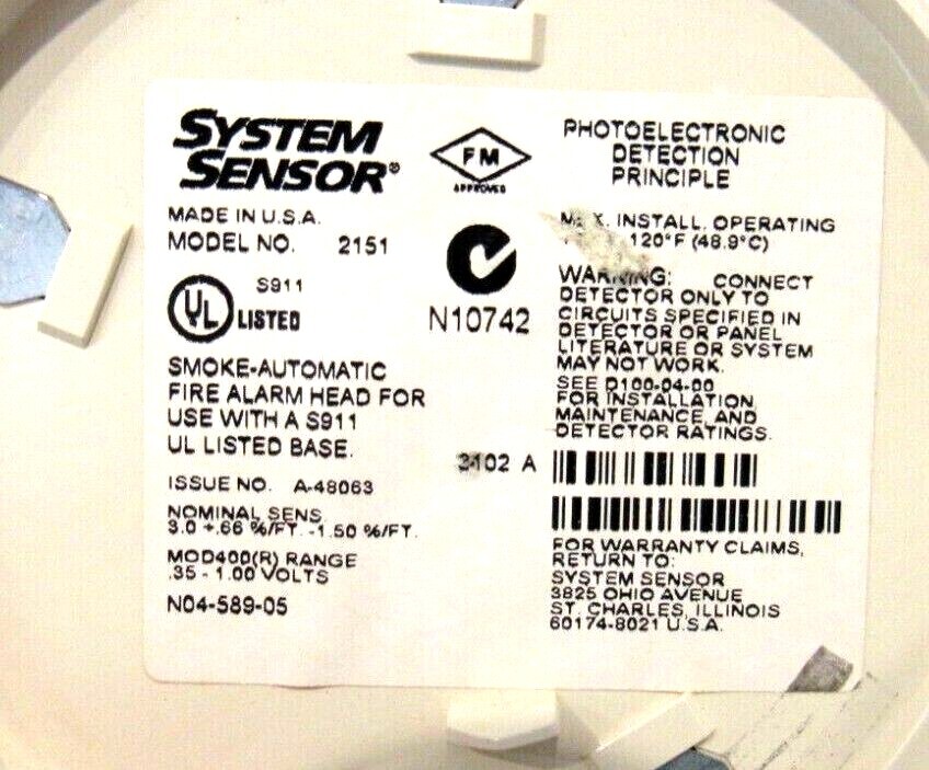 NEW HONEYWELL SYSTEM SENSOR 2151 SMOKE DETECTOR