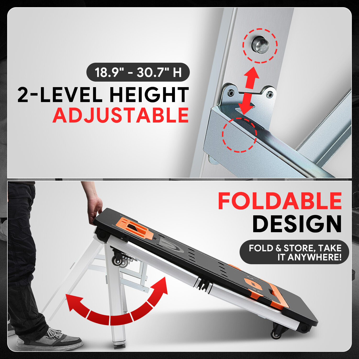 220 LBS 7-In-1 Multifunctioanl Adjustable Foldable Work Bench w/ 4 Wheels Orange