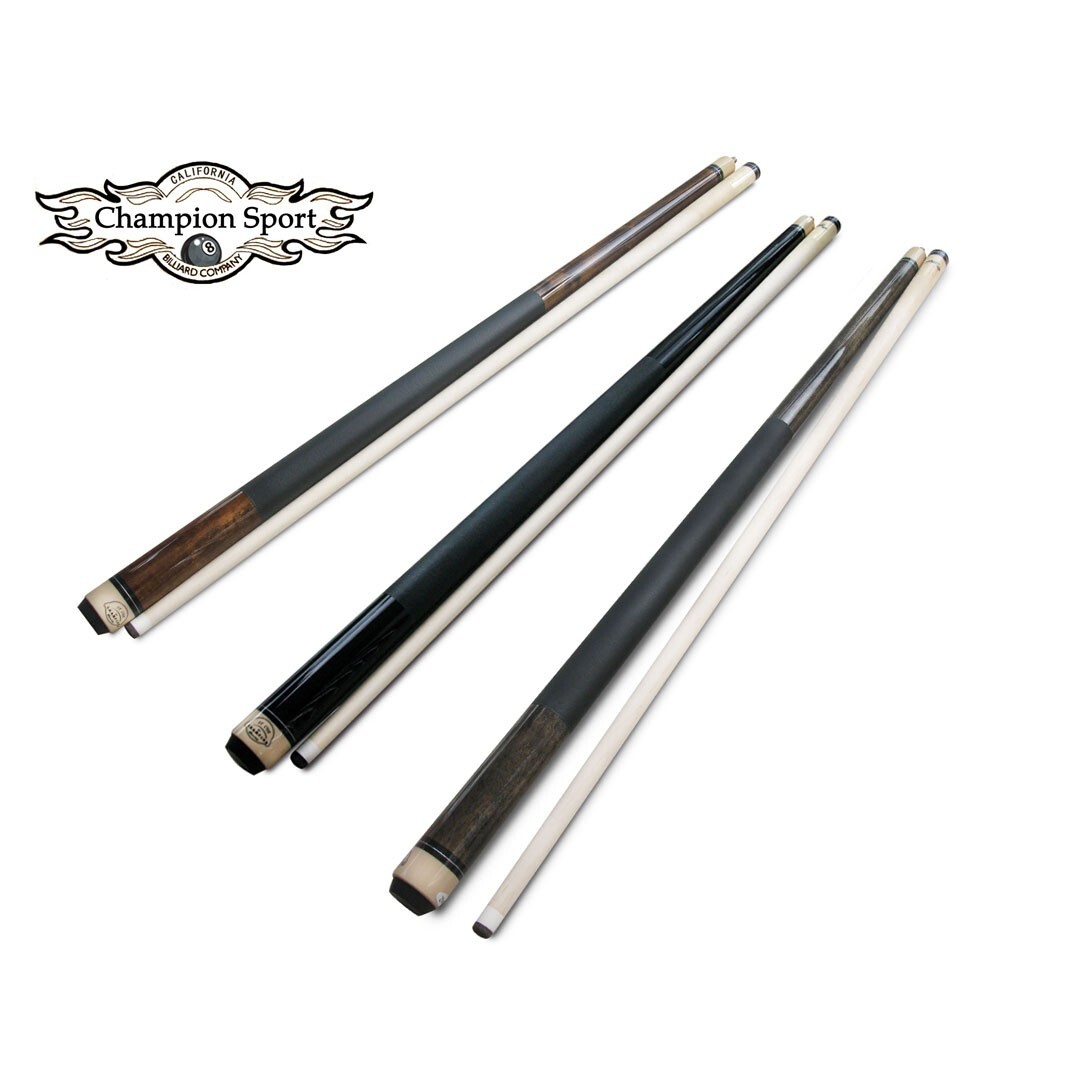 Lot of 3 Cues, Champion ST Black/ Grey /Brown Pool Cue Stick, 3 tips, Gloves