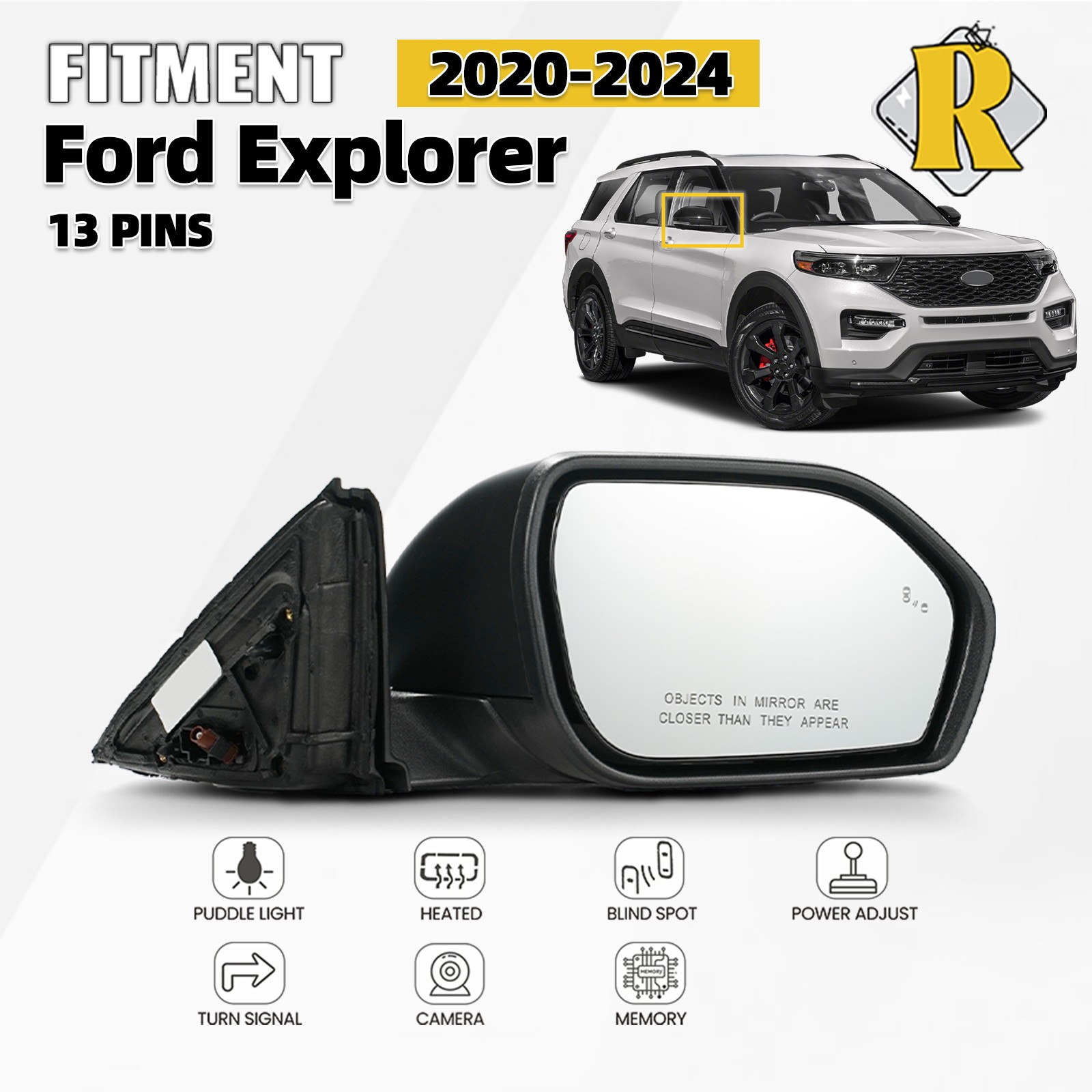 Side Mirror For 2020-2024 Ford Explorer Heated W/Blind Spot &Camera Right 13 Pin