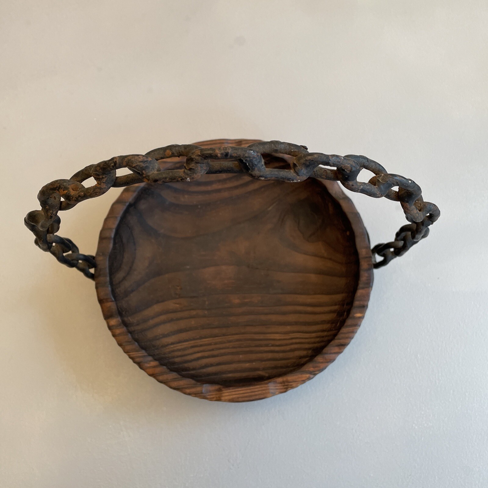 Rustic Wooden Basket with Old Rusty Chain handle Western Or Boho Decor