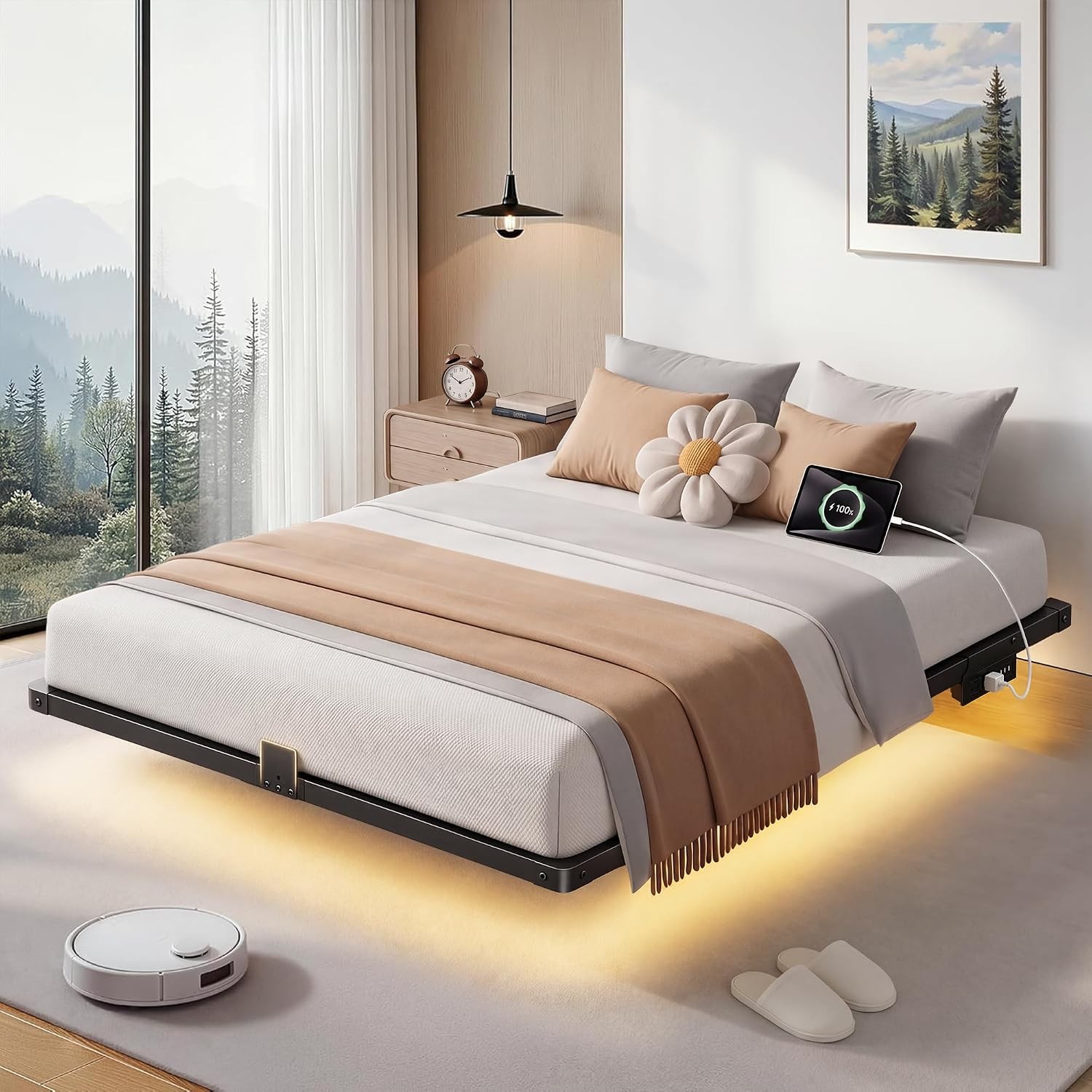 Floating Bed Frame Queen Size 10" Comfort Height 4-Side Underbed RGB LED Lights