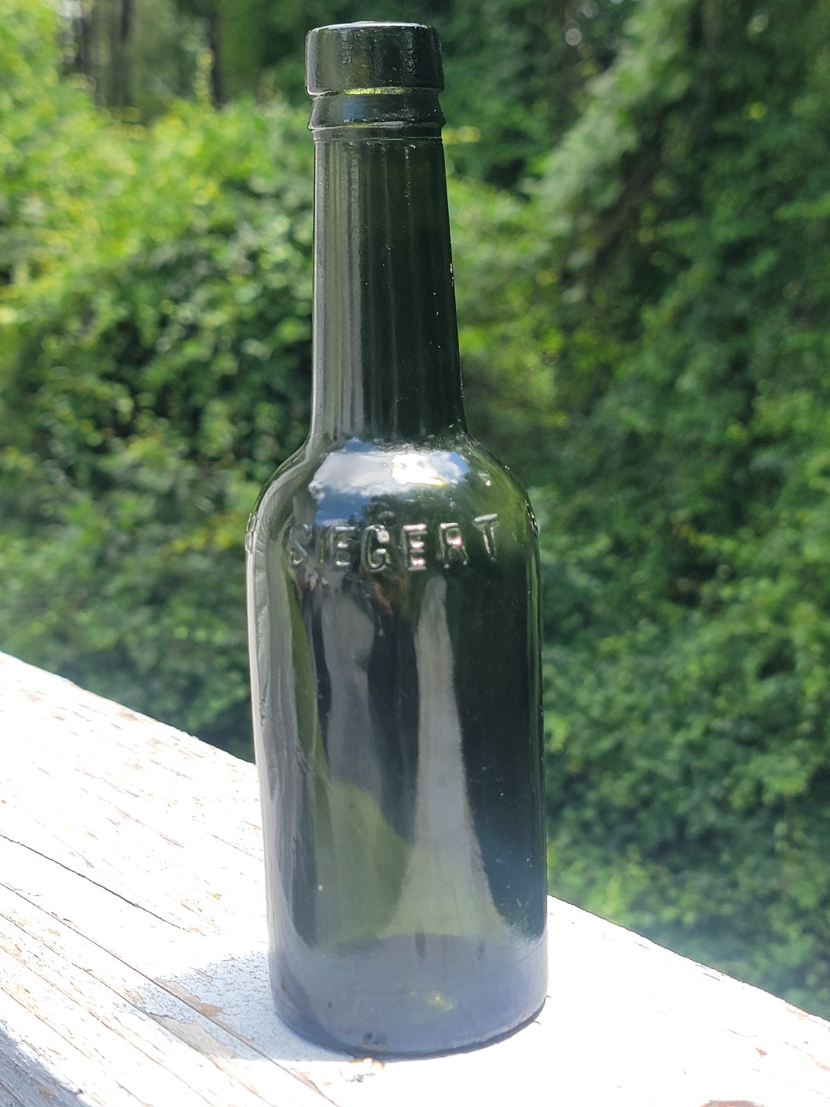 Antique 1920 Deep Forest Green Glass DR JGB SIEGERT & SONS BITTERS BOTTLE ~5”